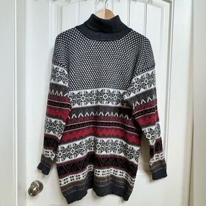 Vintage Principles Grey, Cream, Red Oversized Fair Isle Turtleneck Sweater. O/S